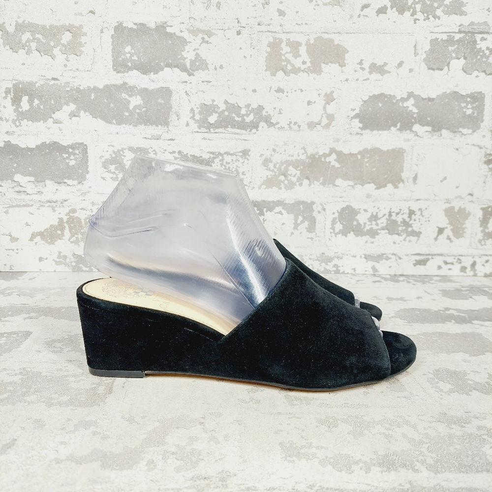 New Vince Camuto Stephena Black Suede Wedge Slip On Sandals W899 - Picture 6 of 13